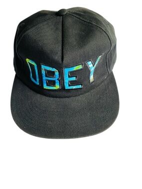 OBEY Wharf Black Hat Tropical Print
Design Adjustable Leather Strapback Cap OSFA